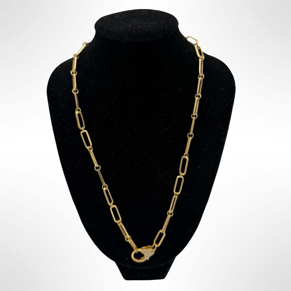 Gold Tone Paperclip Chain Necklace with Rhinestone Clasp 18 inch y2k